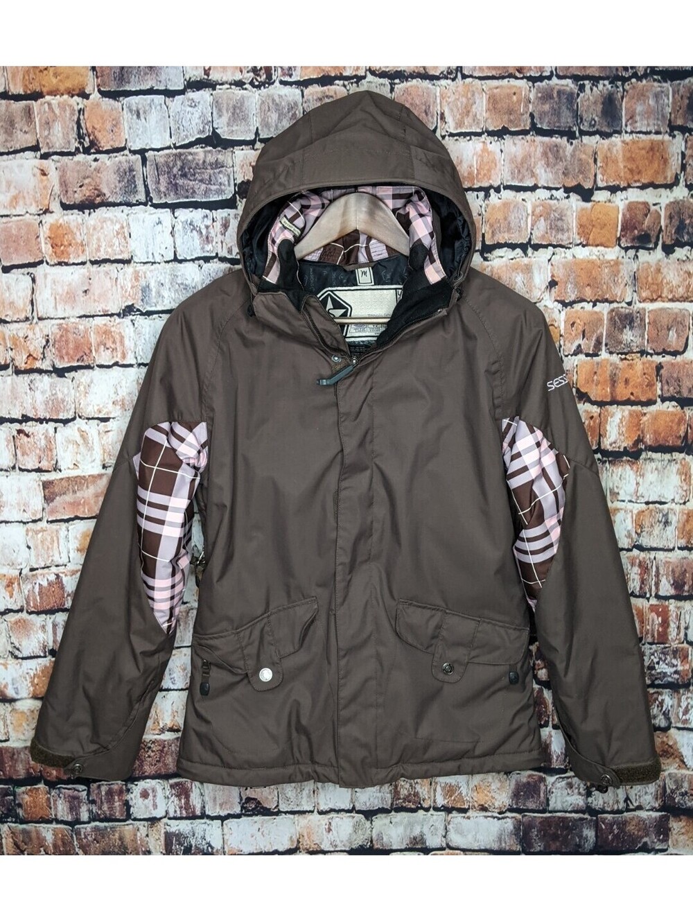 Sessions Jackson BROWN PINK PLAID SNOWBOARD SKI JACKET MEDIUM 10-12 RECCO HOODED